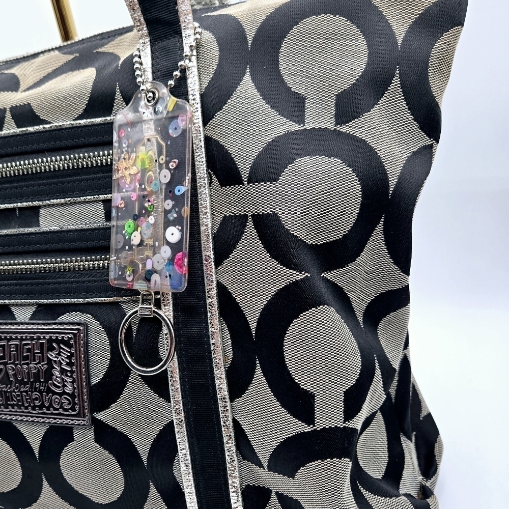 COACH Poppy Canvas Tote Black Op C Print Purple Lining Large Sequence Tag - Picture 7 of 14